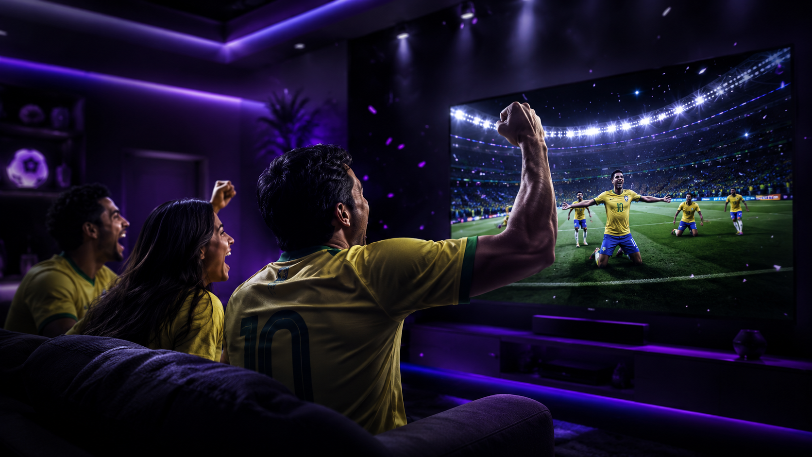 Pessoas assistindo jogo de futebol do Brasil em ambiente moderno